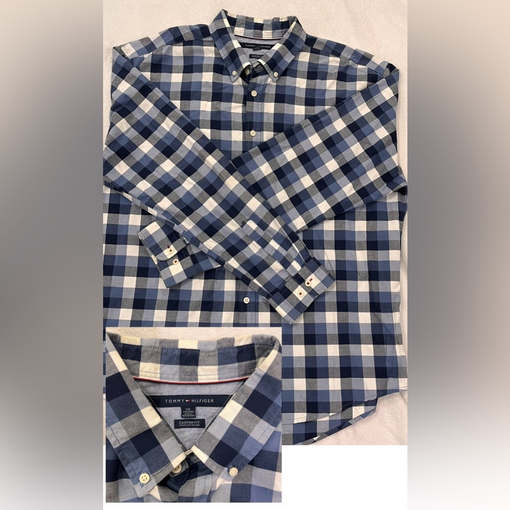 Tommy Hilfiger Men's Navy and White Plaid Shirt